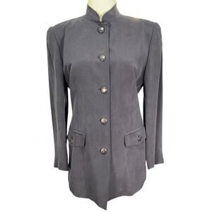 Vintage DANA BUCHMAN Petites Size 8P 100% Silk Navy Blue Fill Button Down Blazer
